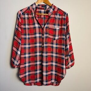 CALS Women's Red Tartan Plaid Lightweight Long Sleeve 1/2 Button Up Shirt Large
